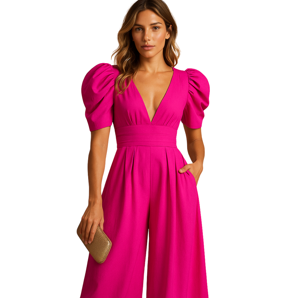 Emilia – Jumpsuit met V-hals korte mouwen en wijde pijpen Velani