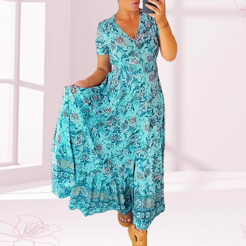 Amelia – Lange Jurk met Korte Mouwen en Bloemenprint Velani