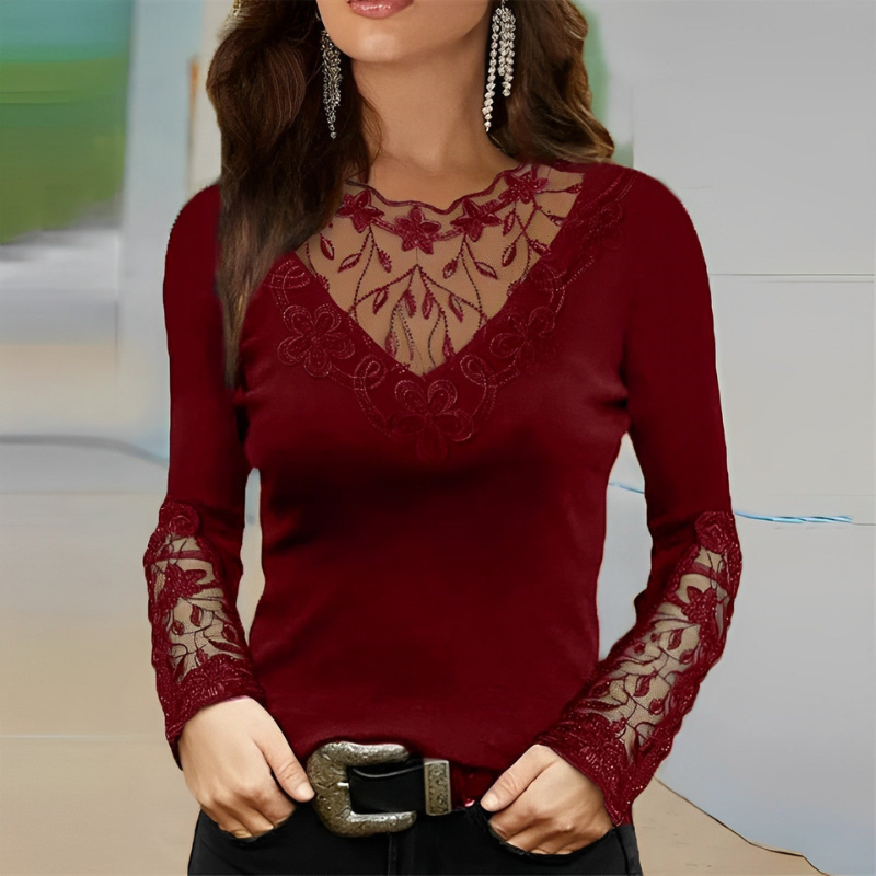 Nora – Slim-Fit Blouse met Vetersluiting, V-Hals en Lange Mouwen Velani