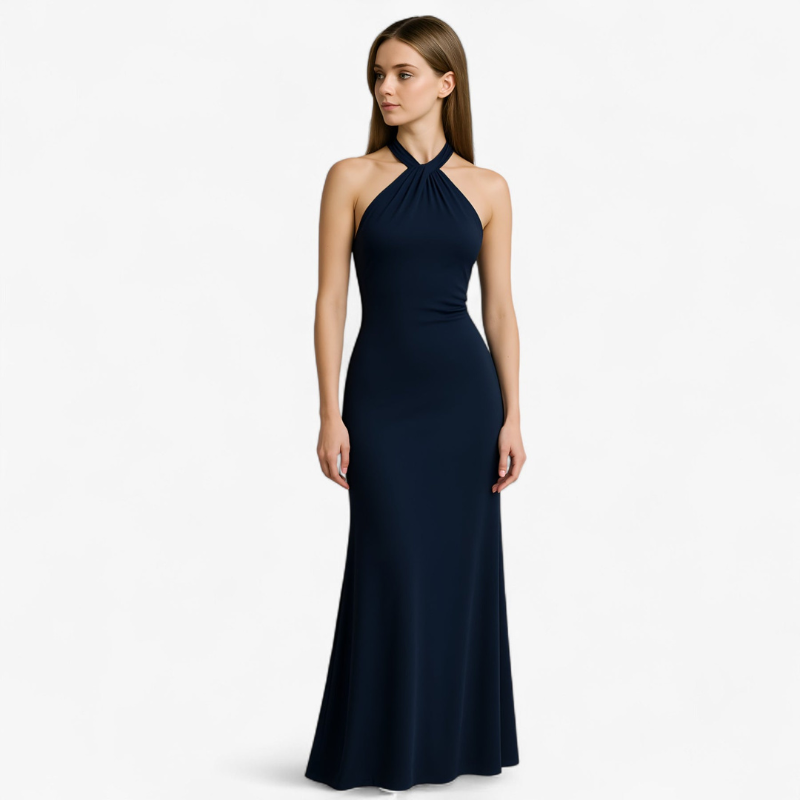 Eliza – Lange Mouwloze Jurk met Halter Open Rug en Hoge Taille Velani