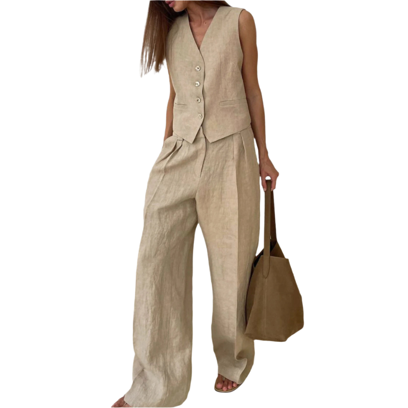 Amira – Mouwloos V-hals Gilet met Knopen en Wijde Broek met Losse Pasvorm Velani