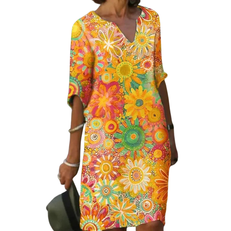 Eliana – Lange Jurk met V Hals en Bloemenprint met Halflange Mouwen Velani