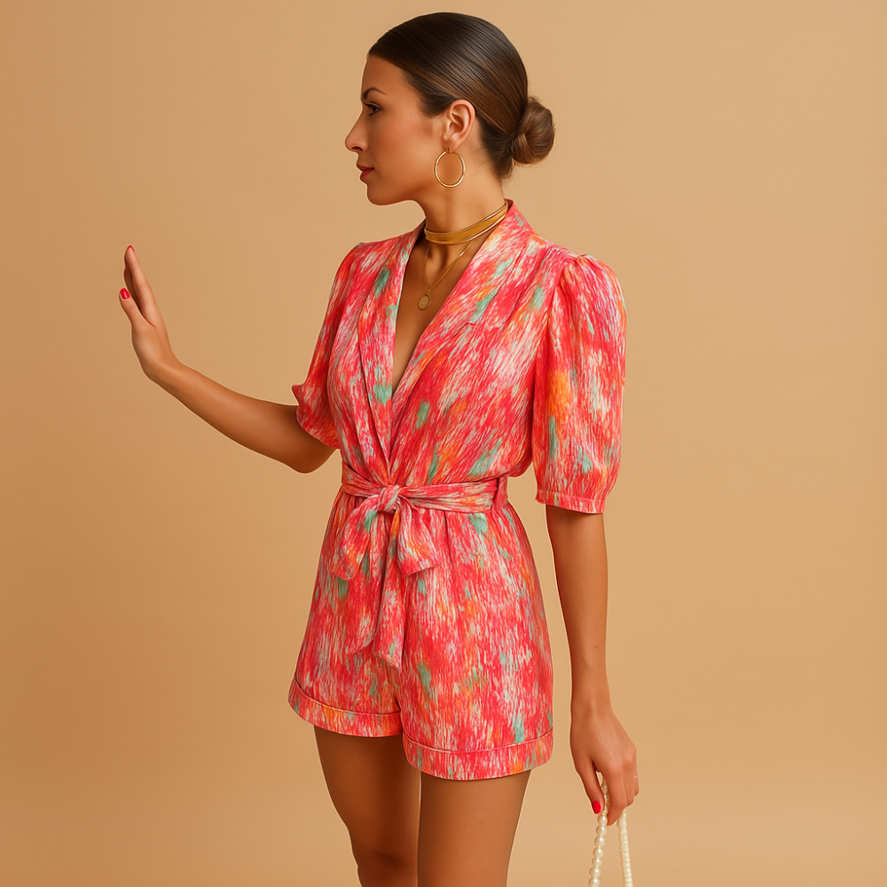 Annalena – Jumpsuit met V-Hals Tailleceintuur en Korte Mouwen Velani