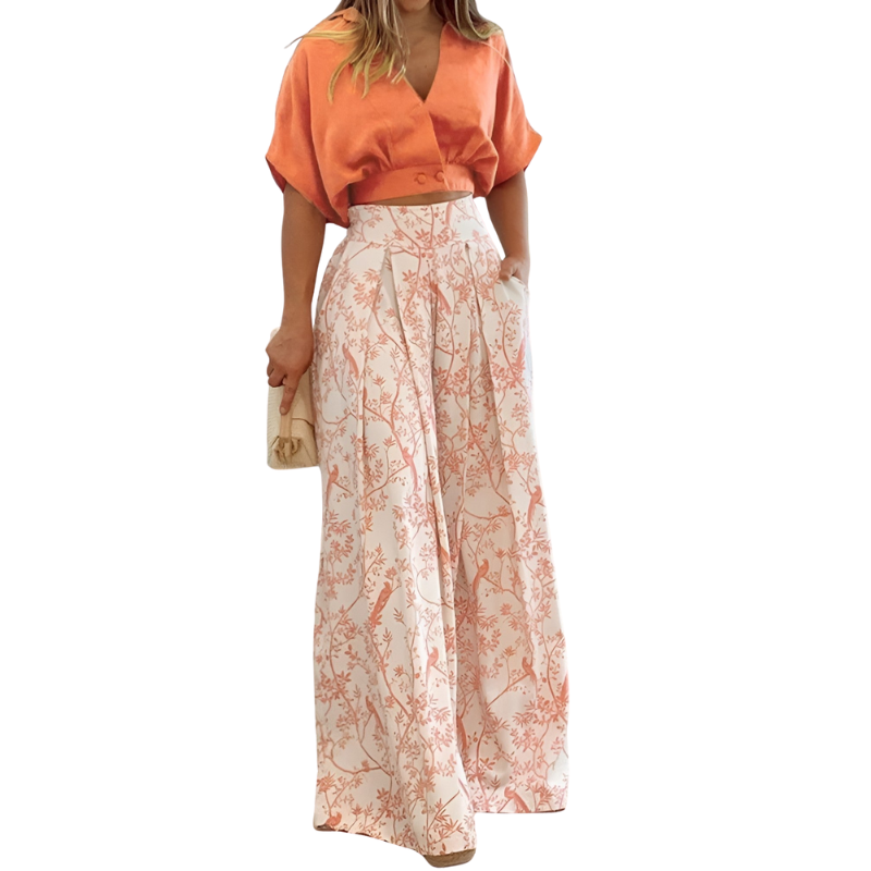 Jessica – Tweedelig Pak met Bloemenprint en Wijde Pijpen Broek Velani