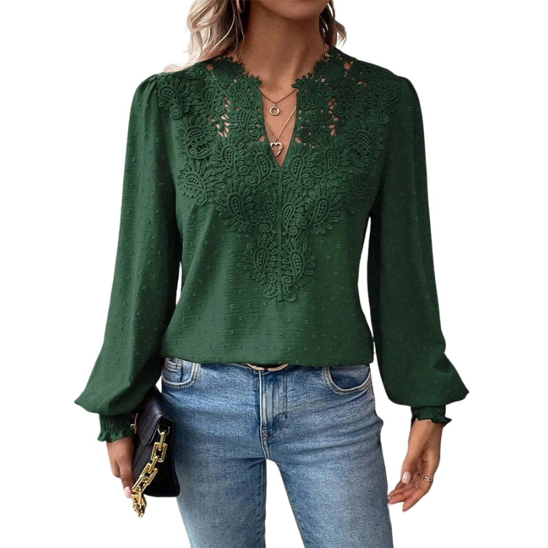 Svenja – Blouse met Lange Mouwen, V-Hals en Kantdetails Velani