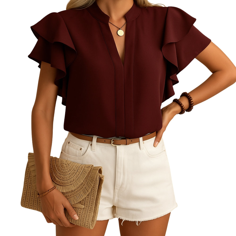 Samira – Blouse met V-Hals en Ruchemouwen Velani