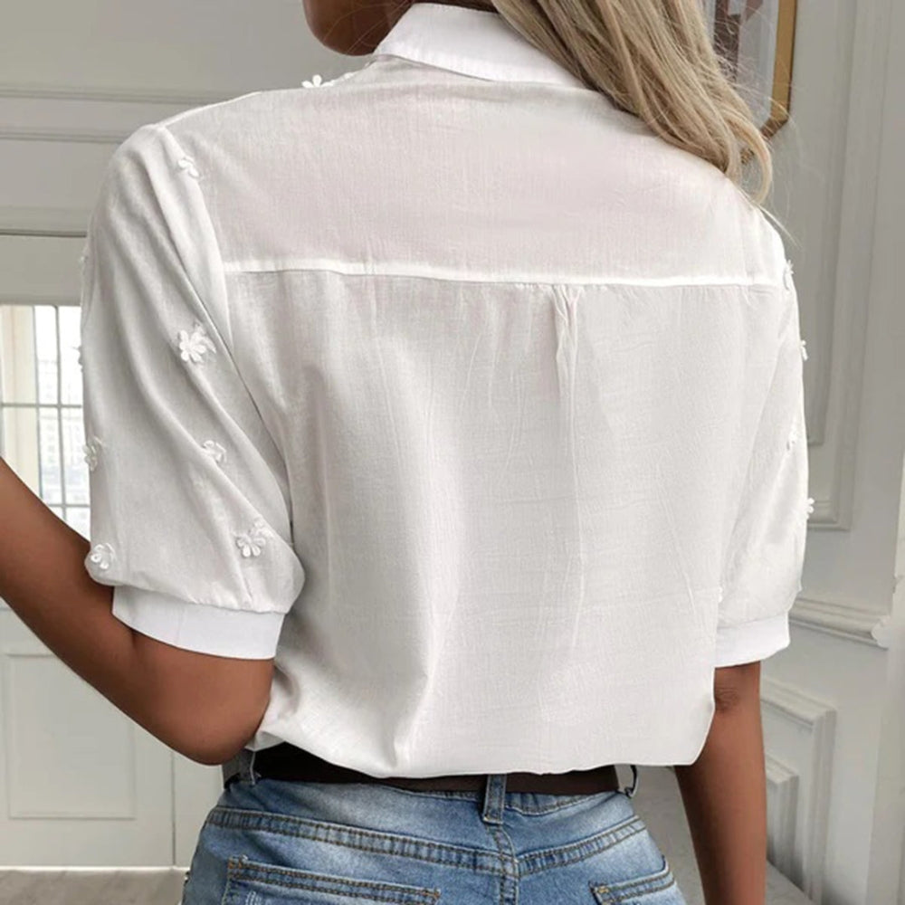 Emma – Blouse met V Hals Geborduurde Bloemen en Korte Mouwen Velani