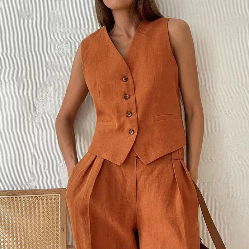 Amira – Mouwloos V-hals Gilet met Knopen en Wijde Broek met Losse Pasvorm Velani