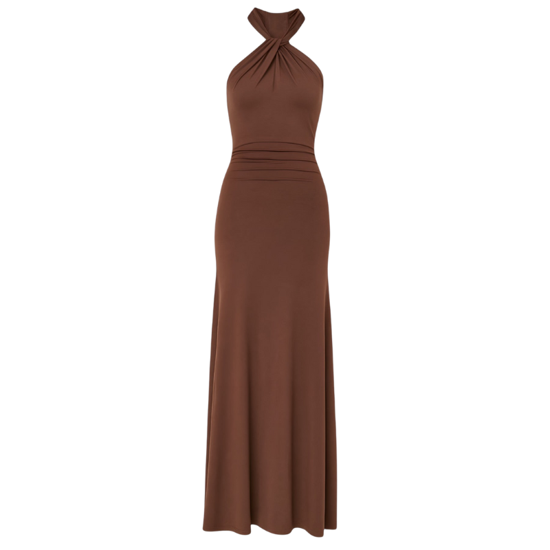 Eliza – Lange Mouwloze Jurk met Halter Open Rug en Hoge Taille Velani