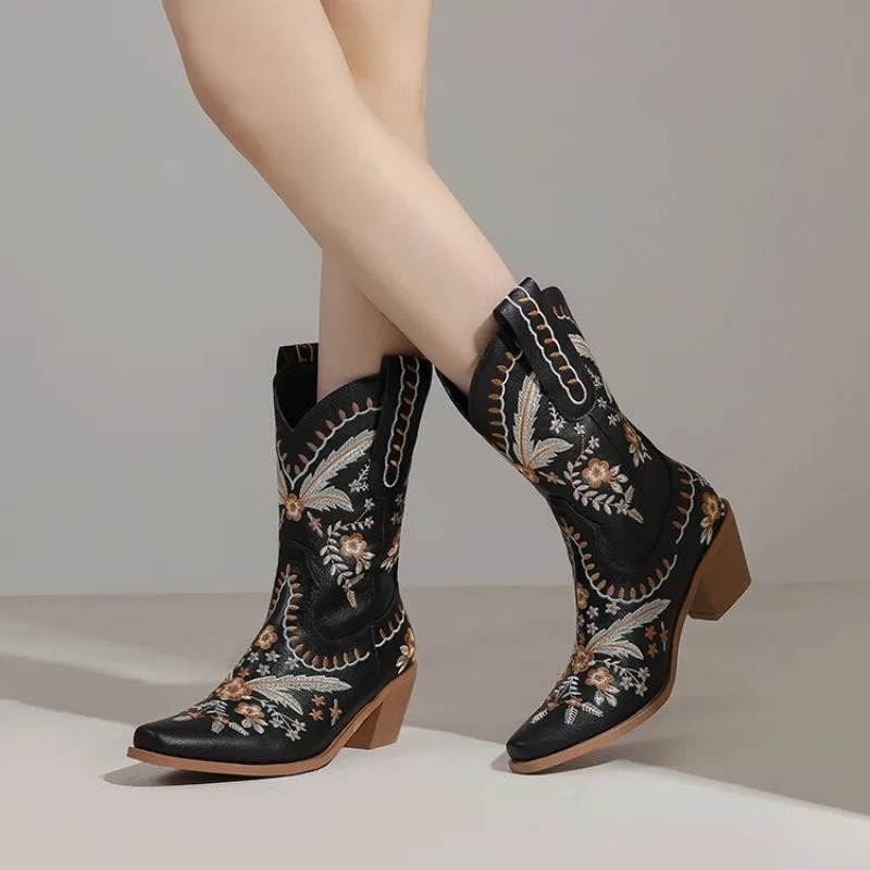 Amelia – Hoge Enkelboots met Bloemenprint en Brede Blockhak Velani