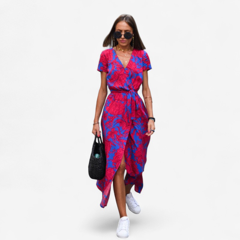 Caroline – Lange Jurk met V Hals Korte Mouwen en Bloemenprint Velani