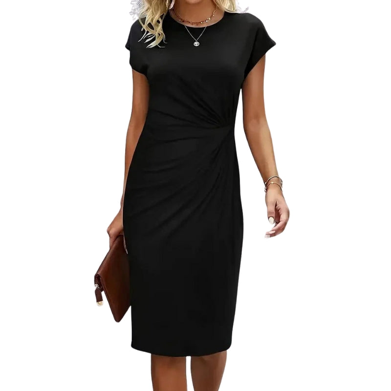 Ella – Plissé midi-jurk met zijdetails en ronde hals Velani