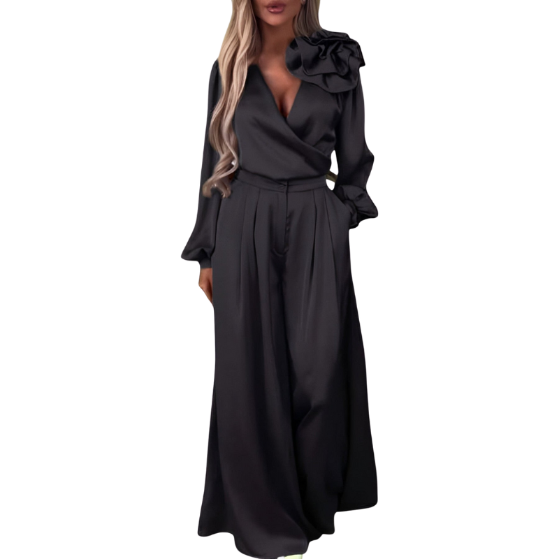 Elena – Top met Lange Mouwen en V-Hals en Wide-Leg Broek Set Velani
