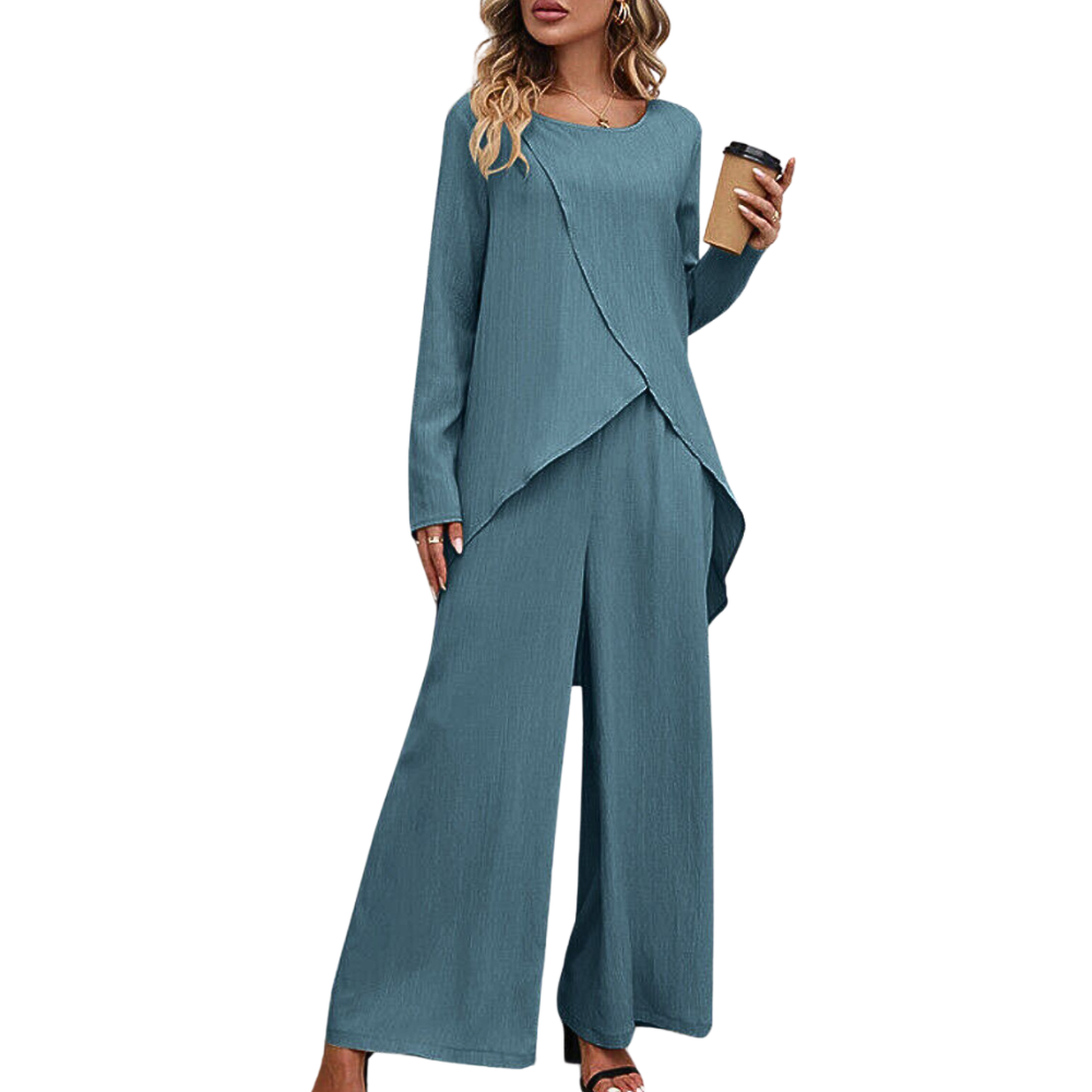 Nienke – Tweedelige Set met Top met Ronde Hals en Broek met Wijde Pijpen Velani