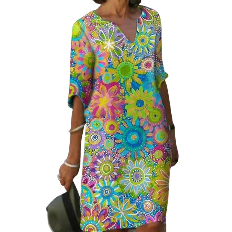 Eliana – Lange Jurk met V Hals en Bloemenprint met Halflange Mouwen Velani