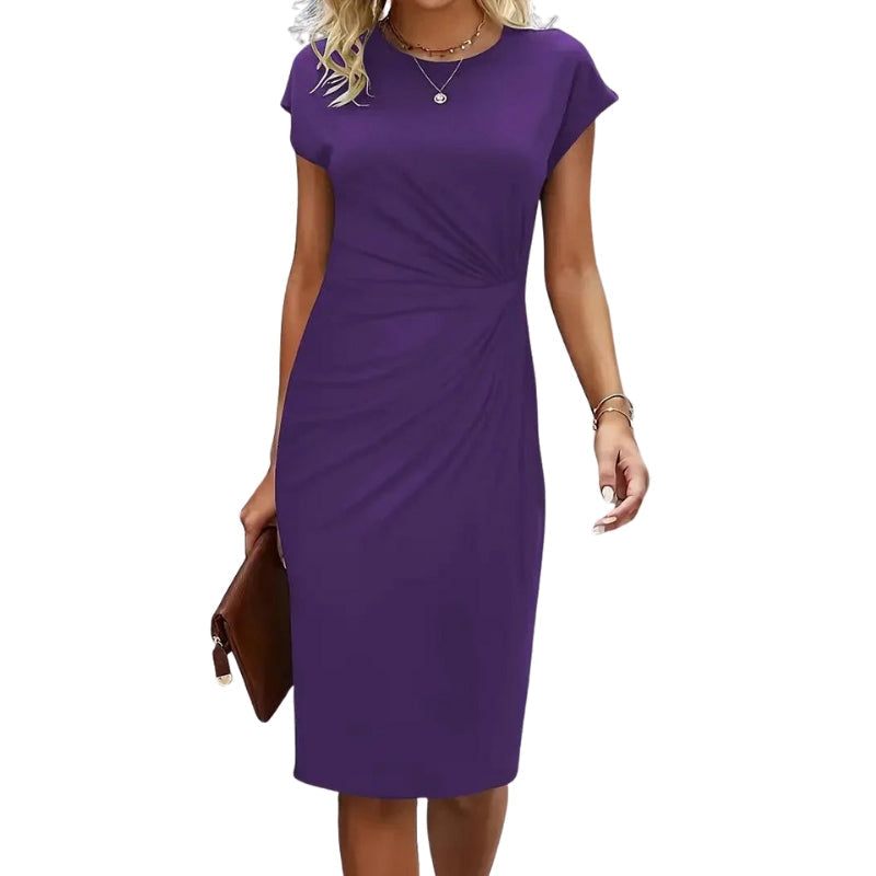 Ella – Plissé midi-jurk met zijdetails en ronde hals Velani