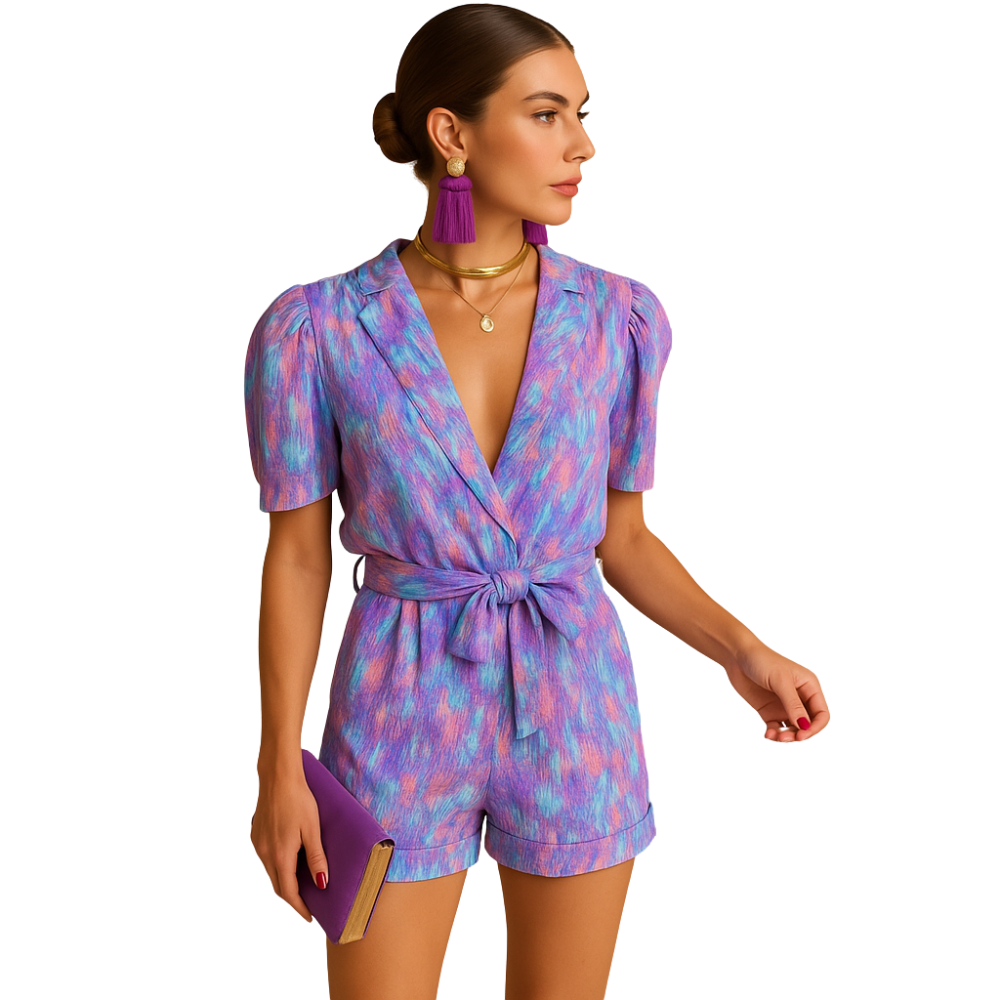 Annalena – Jumpsuit met V-Hals Tailleceintuur en Korte Mouwen Velani
