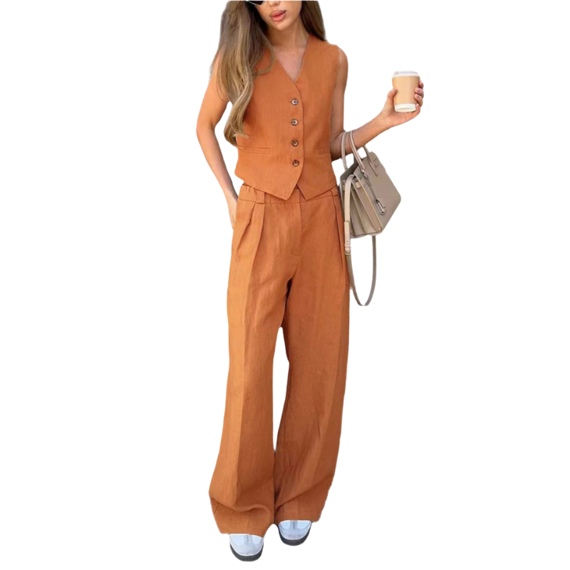 Amira – Mouwloos V-hals Gilet met Knopen en Wijde Broek met Losse Pasvorm Velani