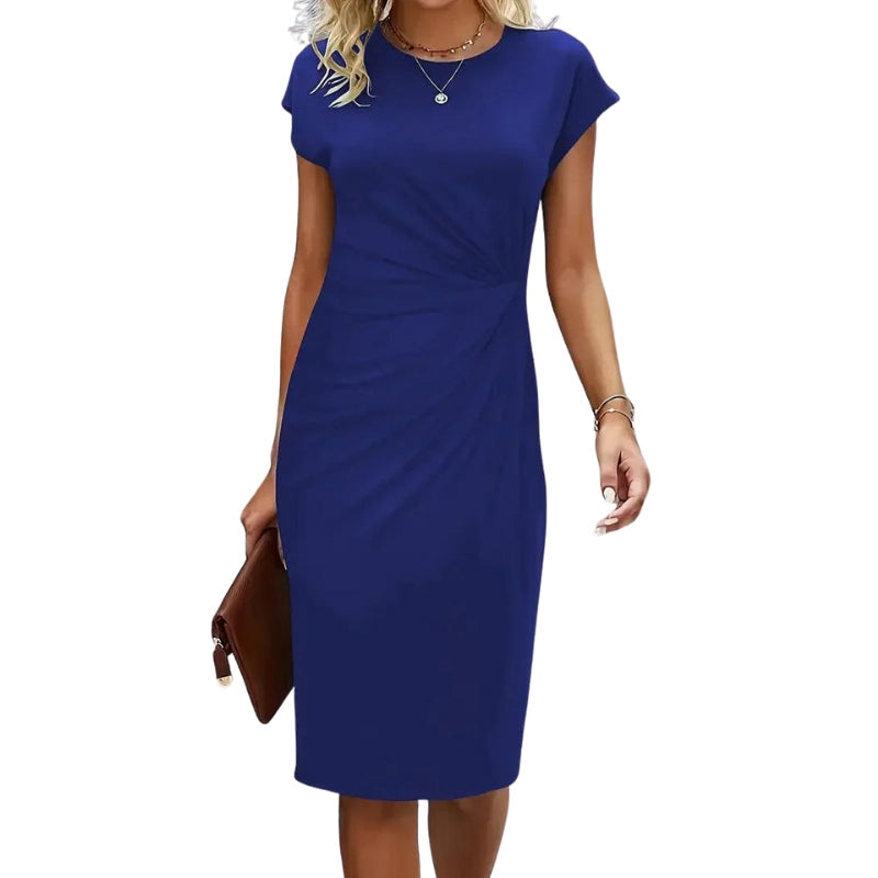 Ella – Plissé midi-jurk met zijdetails en ronde hals Velani
