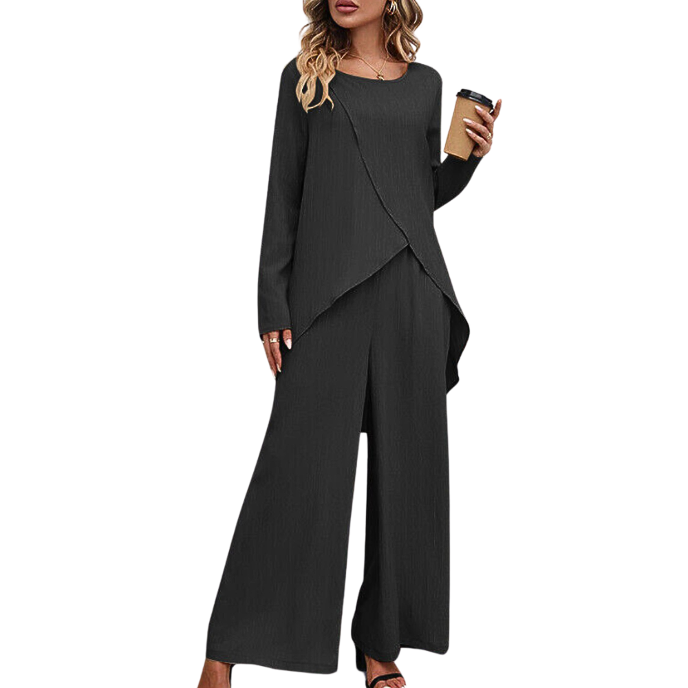 Nienke – Tweedelige Set met Top met Ronde Hals en Broek met Wijde Pijpen Velani