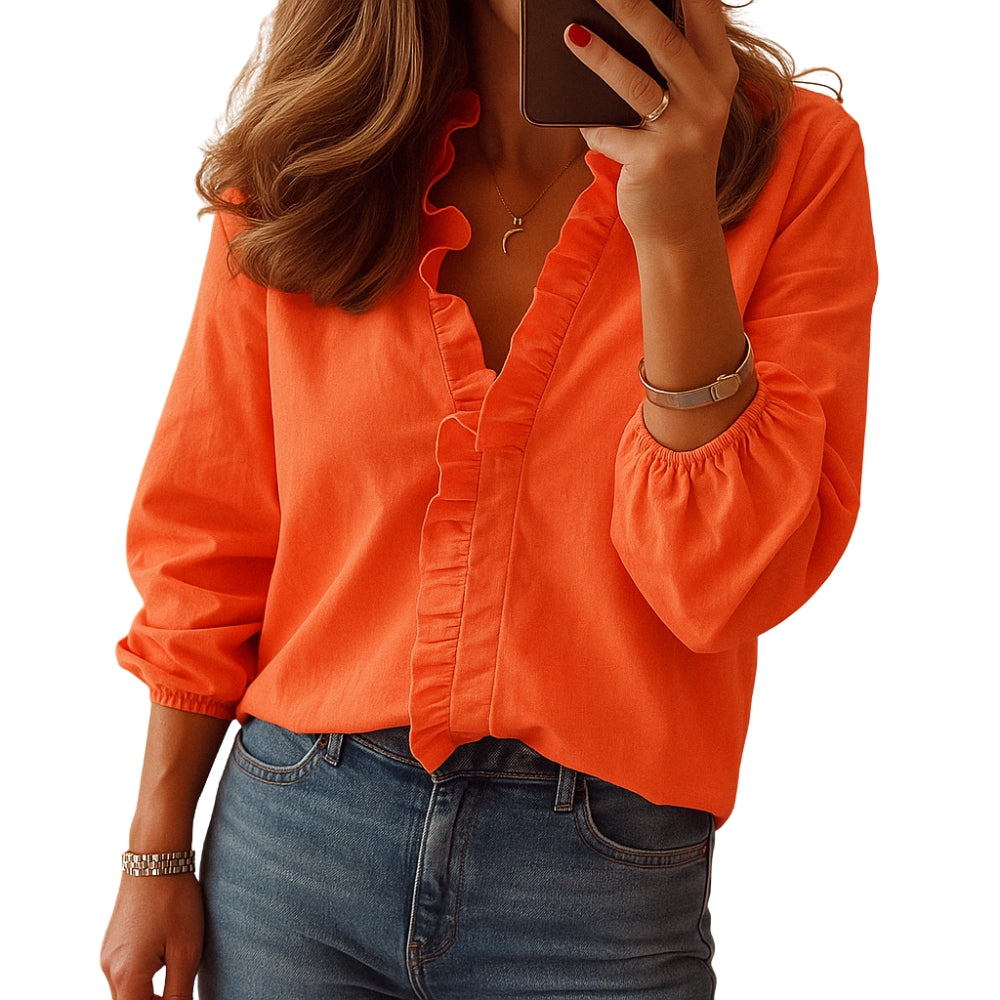 Loreen – Blouse met V-Hals Lange Mouwen en Ruchesdetail Velani