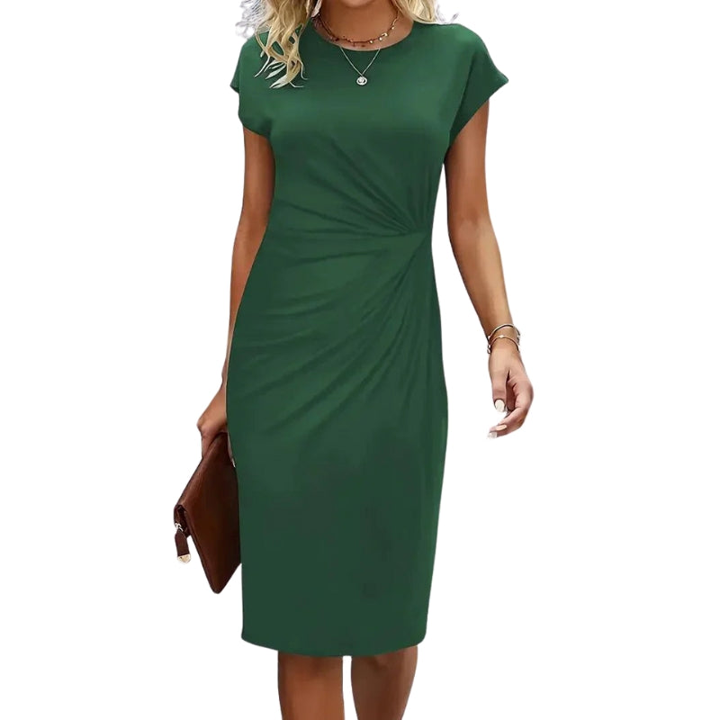 Ella – Plissé midi-jurk met zijdetails en ronde hals Velani
