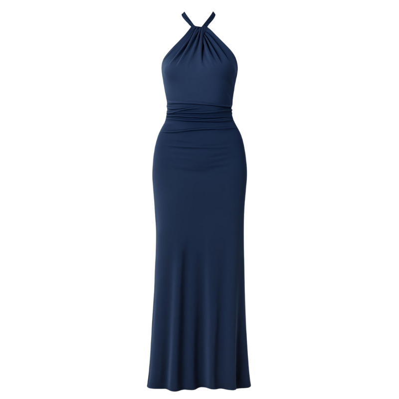 Eliza – Lange Mouwloze Jurk met Halter Open Rug en Hoge Taille Velani