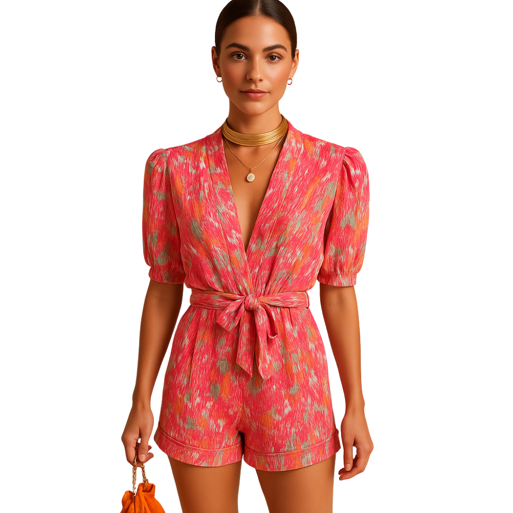 Annalena – Jumpsuit met V-Hals Tailleceintuur en Korte Mouwen Velani