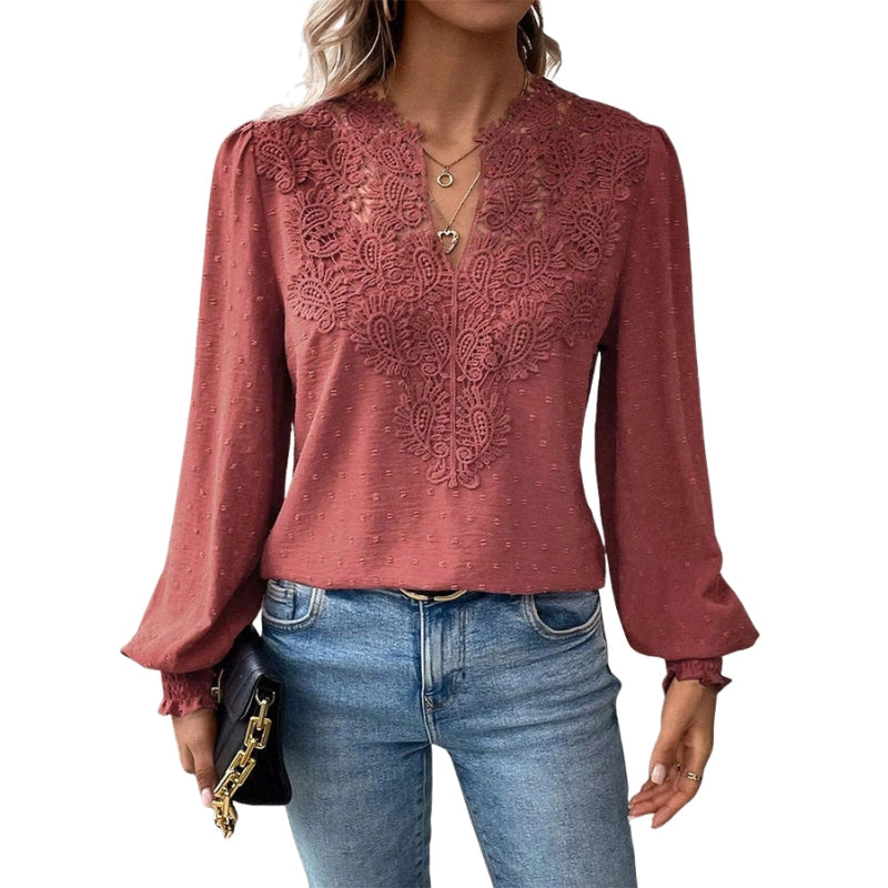 Svenja – Blouse met Lange Mouwen, V-Hals en Kantdetails Velani
