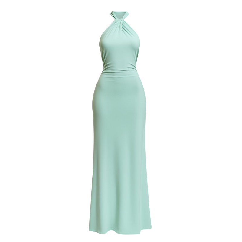 Eliza – Lange Mouwloze Jurk met Halter Open Rug en Hoge Taille Velani