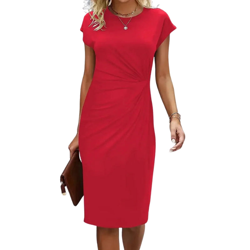 Ella – Plissé midi-jurk met zijdetails en ronde hals Velani