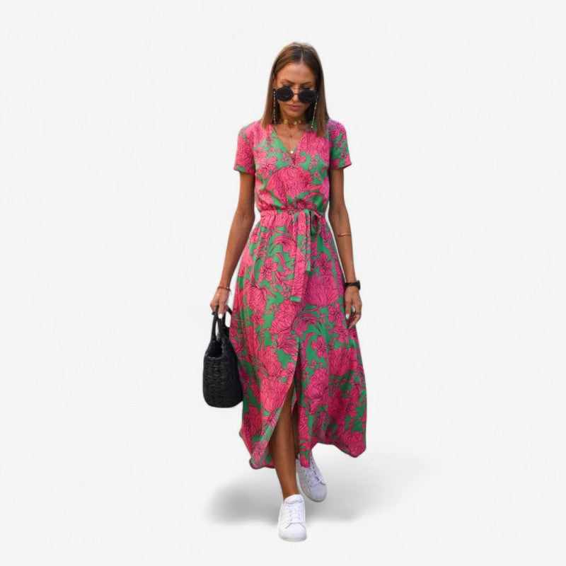 Caroline – Lange Jurk met V Hals Korte Mouwen en Bloemenprint Velani